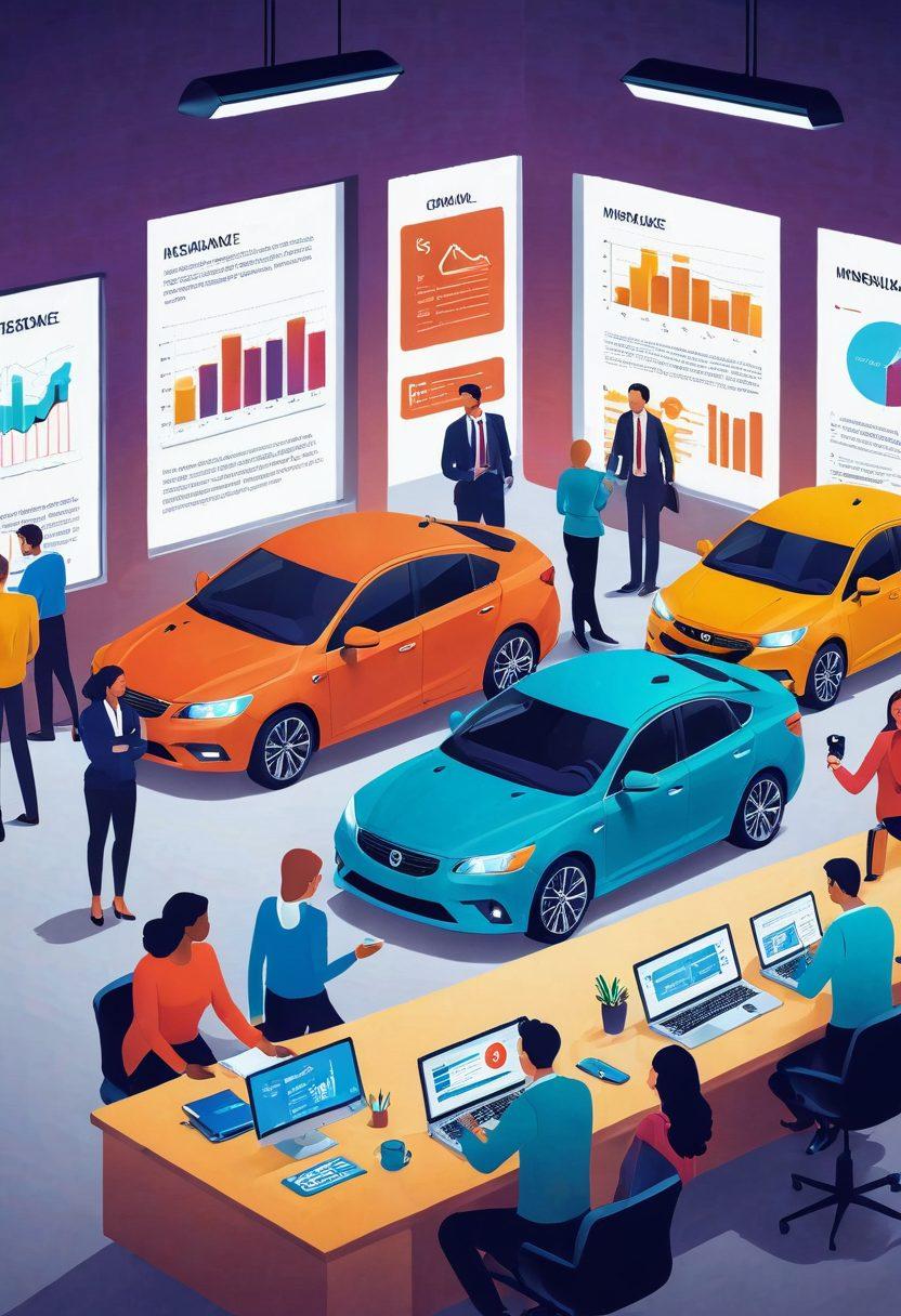A visually engaging scene depicting a diverse group of people happily discussing car insurance options at a modern office environment. Include colorful charts showcasing cost-effective coverage plans on a digital screen. In the foreground, a glowing key symbolizes unlocking affordable insurance ideas. The background should feature various types of vehicles to represent comprehensive coverage. bright colors. vector art.