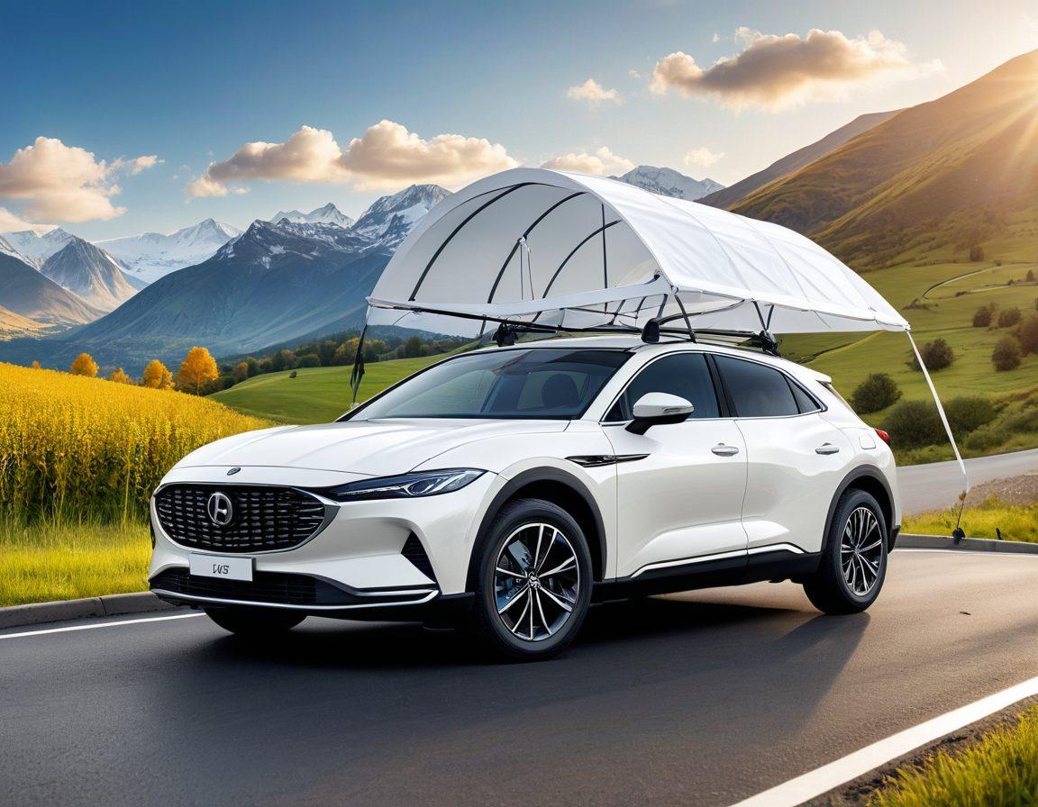 A modern, sleek car parked under a protective canopy, surrounded by floating icons representing various insurance plans like shields, checkmarks, and documents. The background features a serene landscape with a clear blue sky and distant mountains, symbolizing peace of mind. The car shines with a polished finish, emphasizing vehicle protection. super-realistic. vibrant colors. white background.