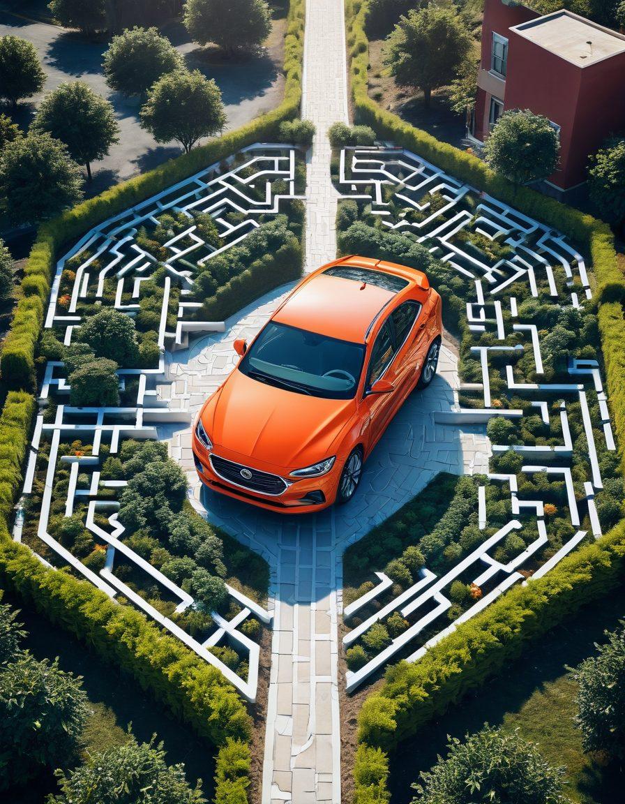A visually striking maze shaped like a large car, with signs pointing to various smart choices for affordable auto insurance solutions. Include symbolic representations of money-saving tips, such as coins and checkmarks, within the maze. Bright colors and clear pathways symbolizing guidance, with a hopeful sky above. The overall scene radiates a sense of positivity and clarity. vibrant colors. 3D.